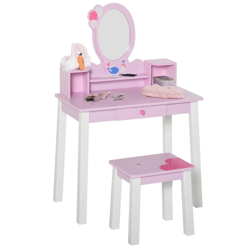 HOMCOM 2 PCS Kids Wooden Dressing Table and Stool Girls Vanity Table Makeup Table Set with Mirror Drawers Role Play Toy for Toddlers Age 3 Years +, Pink and White