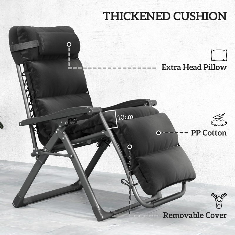 Outsunny Zero Gravity Chairs Set of 2, Folding Reclining Garden Chair, Outdoor Sun Lounger with Cushion, Garden Recliner Chairs with Headrest and Cup Phone Holder Tray for Beach, Black