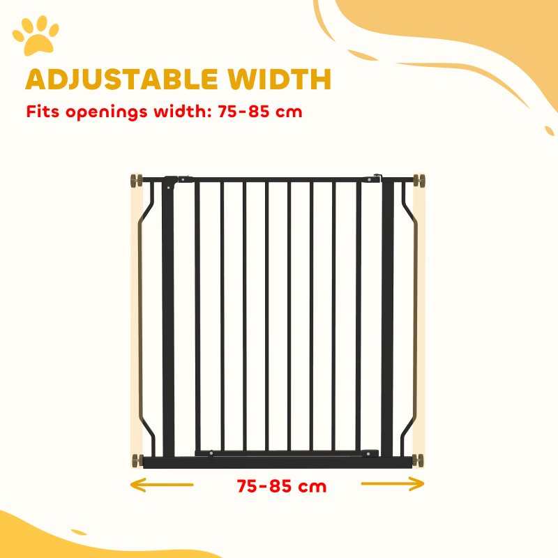 PawHut Dog Gate Wide Stair Gate w/ Door Pressure Fit Pets Barrier for Doorway, Hallway, 76H x 75-85W cm - Black