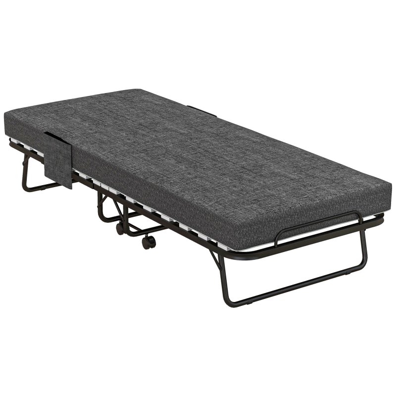 HOMCOM Folding Bed with Mattress, Foldable Guest Bed on Wheels, Portable Single Bed with 10cm Mattress, Side Pockets, Cover, 190 x 80cm, Dark Grey