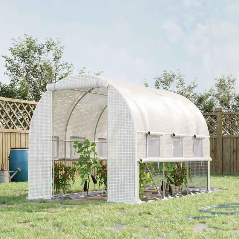 Outsunny 3 x 2 x 2m Polytunnel Greenhouse with Roll-up Sidewalls, Door and 6 Mesh Windows, Walk In Green House with UV-resistant PE Cover, White