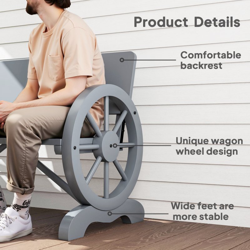Outsunny Wooden Garden Bench, 2 Seater Outdoor Bench Outdoor with Wagon Wheel Armrests and High Back, Grey