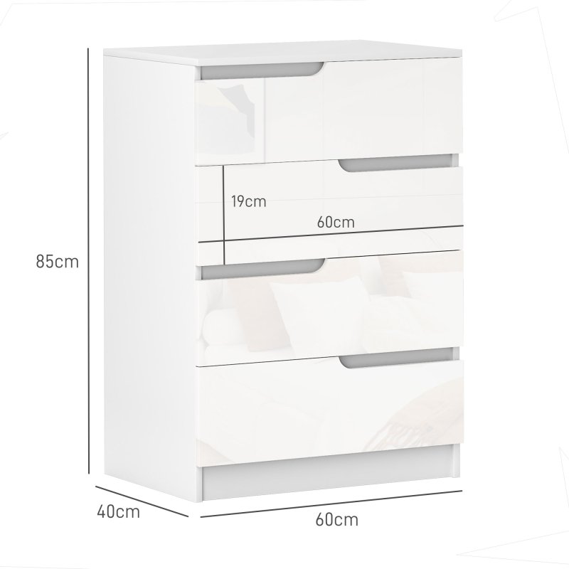HOMCOM Modern Chest of Drawer with 4 Drawers, High Gloss Dresser for Bedroom, Living Room, 60 x 40 x 85cm, White