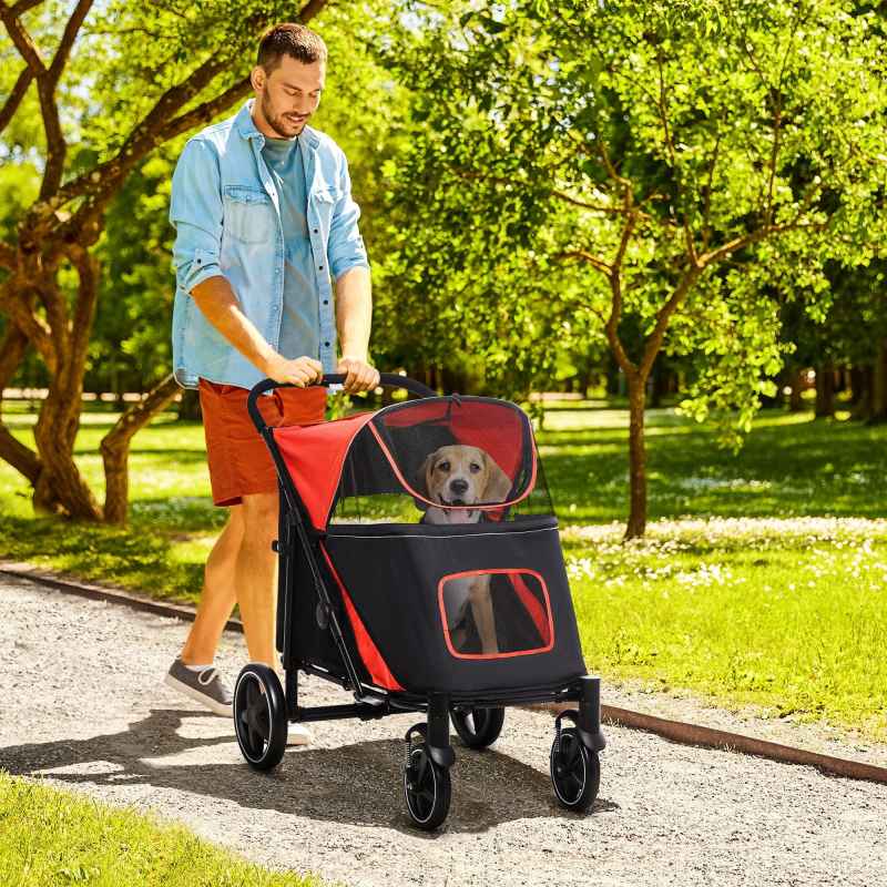 PawHut Dog Stroller Pet Pram Dog Pushchair Buggy with Adjustable Canopy for Medium and Large Breeds, Red