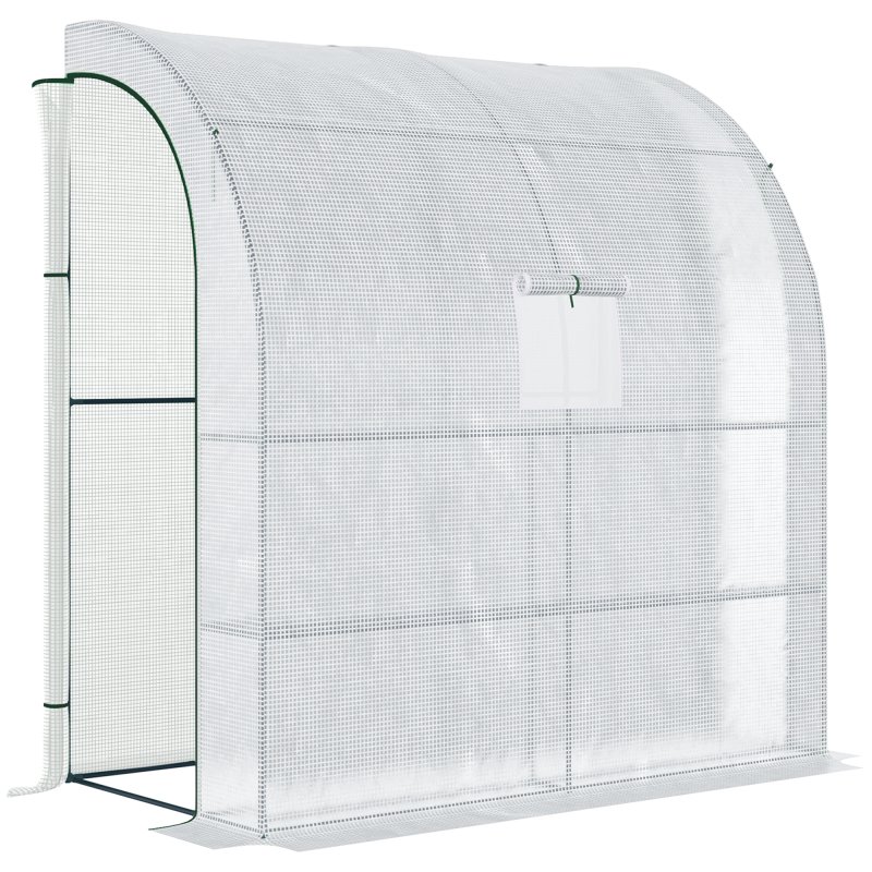 Outsunny Walk-In Lean to Wall Greenhouse with Windows and Doors, Outdoor Green House with 3 Tiers 4 Wired Shelves, 200L x 100W x 215Hcm, White