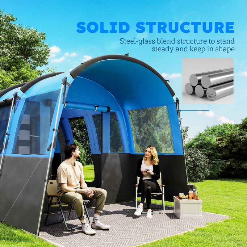 Outsunny 8-Person Camping Tent, Waterproof Family Tent, Tunnel Design, 4 Large Windows, Sleeping Cabins, 3000mm Water Column, Top Hook, Portable with Carry Bag, Blue