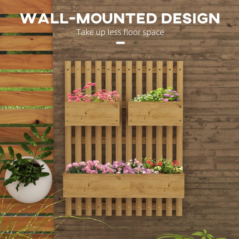 Outsunny Wall-mounted Wooden Garden Planters with Trellis, Drainage Holes and 3 Movable Planter Boxes, Wall Raised Garden Bed for Patio, Carbonised