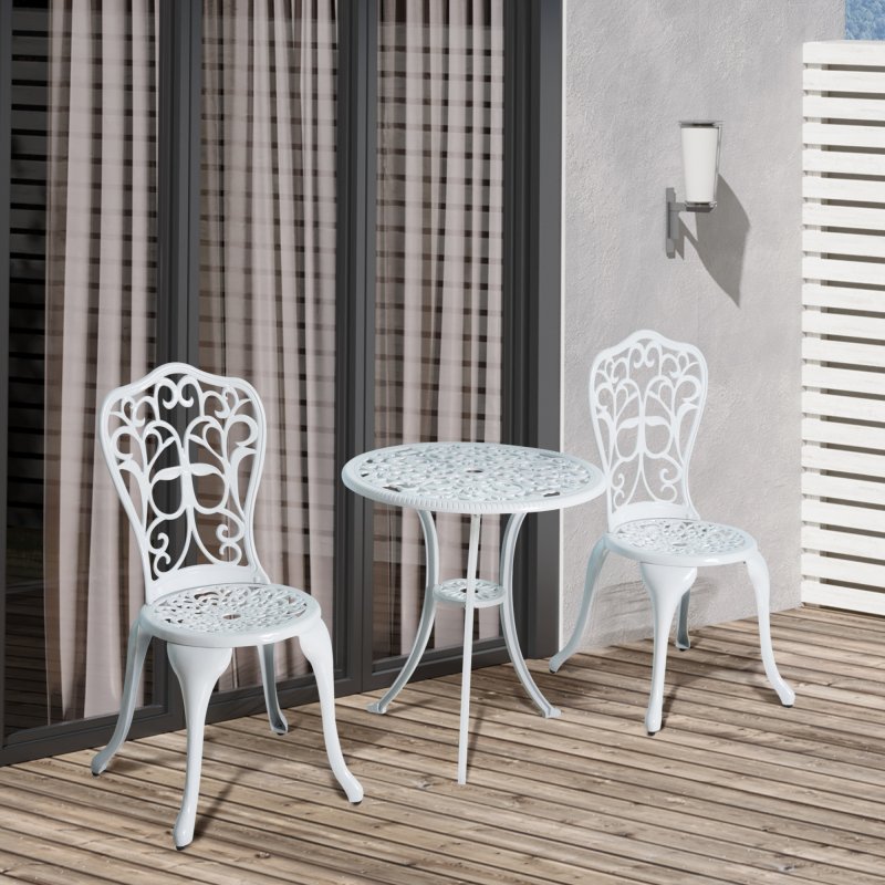 Outsunny 3 Pieces Antique Garden Bistro Set for 2, Cast Aluminium Garden Furniture Set with Umbrella Hole for Balcony, Porch, Patio, White