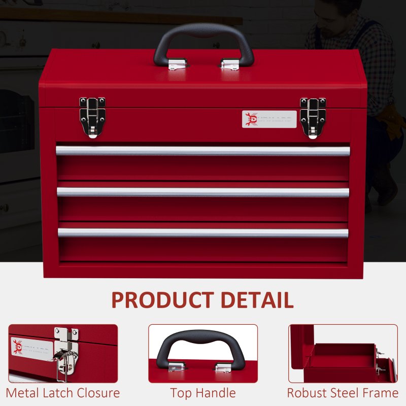 DURHAND 3 Drawer Tool Chest, Lockable Metal Tool Box with Ball Bearing Runners, Portable Toolbox, 510mm x 220mm x 320mm, Red