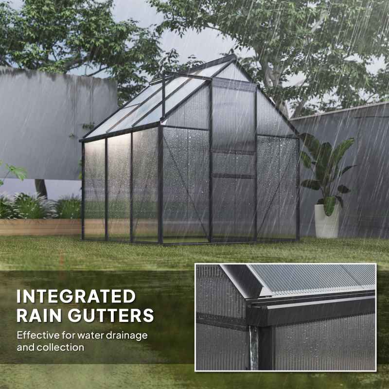 Outsunny Polycarbonate Greenhouse, Small Greenhouse with Adjustable Roof Vent, Garden Green House with Galvanised Base, Sliding Door and Rain Gutter, 190 x 190 x 200 cm, Grey