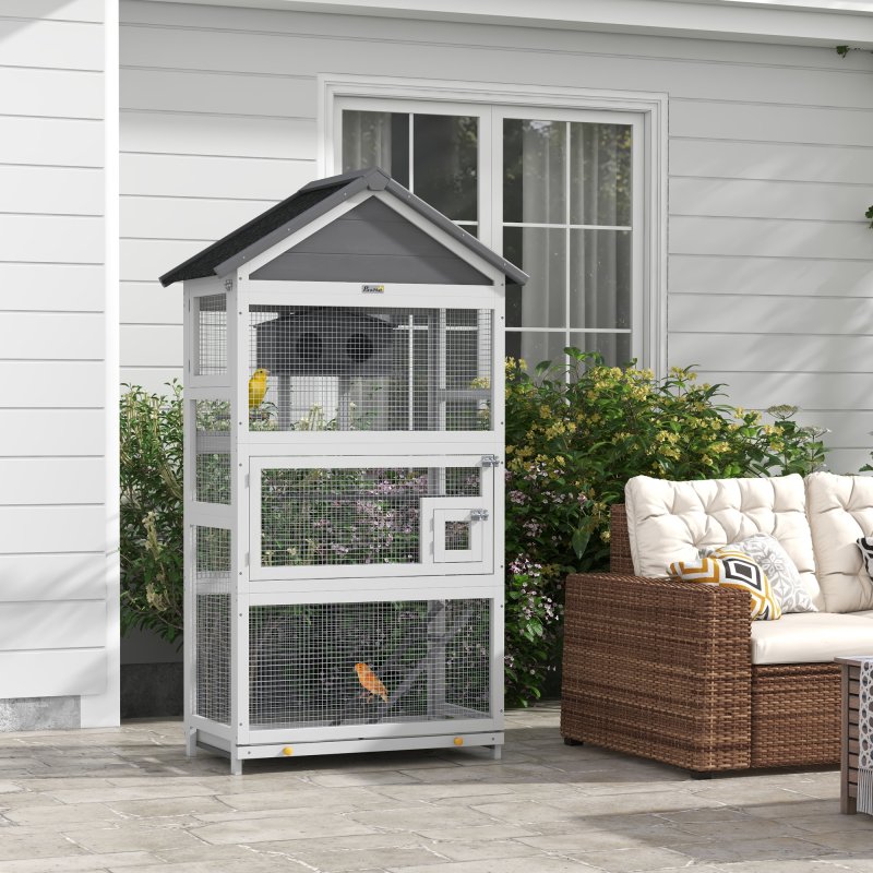 PawHut Wooden Bird Cage Budgie cage, Bird Aviary Outdoor Birdhouse for Finches, Parakeets - Grey