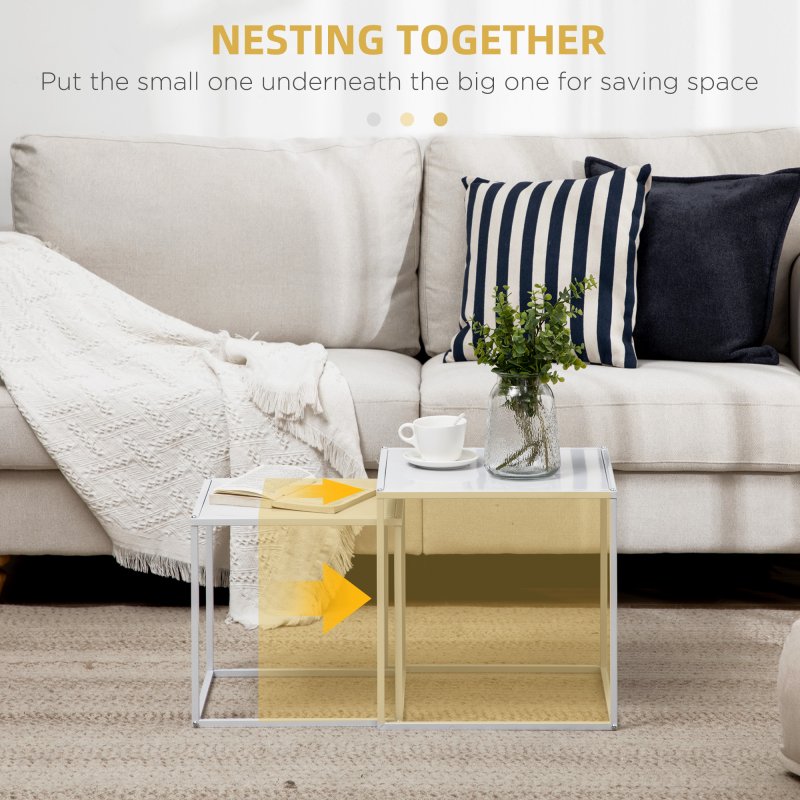 HOMCOM Square Nesting Coffee Table Set of 2, Modern Nest of Tables, Sofa Side Tables with Steel Frame for Living Room, Bedroom, Small Space, White