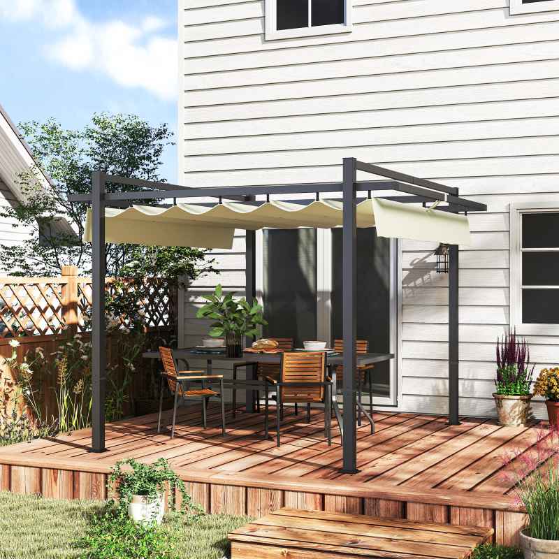 Outsunny 3 x 3(m) Pergola with Retractable Roof Canopy, Aluminium Frame Garden Gazebo Outdoor Sun Shade Shelter for Grill, Patio, Deck, Khaki