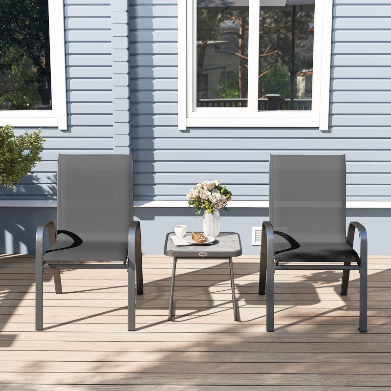 Outsunny Garden Bistro Set, 3 Piece Garden Furniture Set with Stackable Armchairs and SPC Board Coffee Table, Bistro Table and Chairs with Texteline Seats for Balcony, Porch, Black