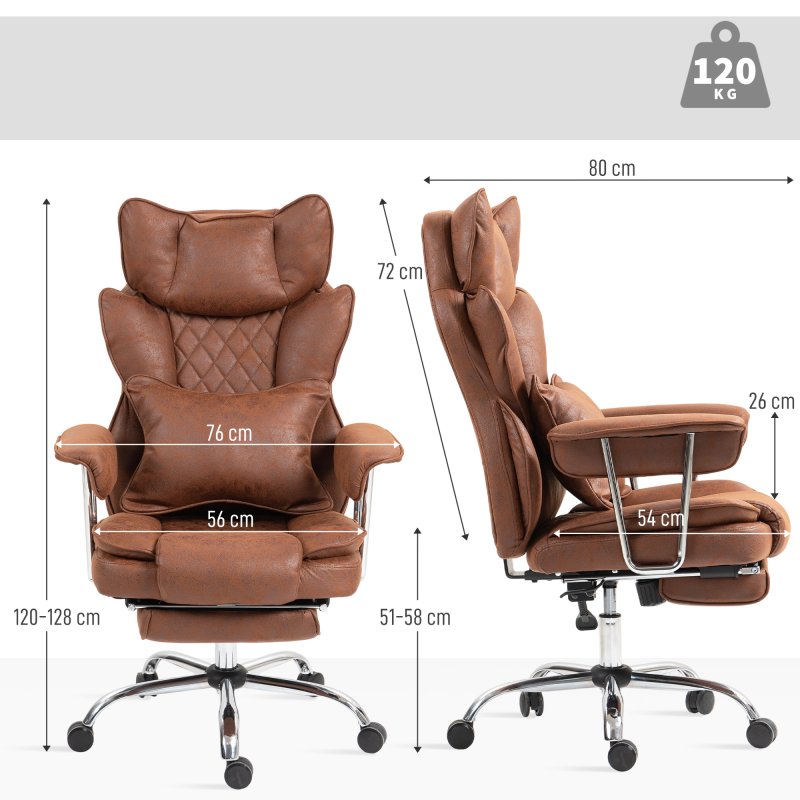 HOMCOM Executive Office Chair, Leathaire Reclining Computer Desk Chair with Lumbar Support Pillow, Built-in Headrest, High Back, Footrest, Silent Swivel Wheels, Armrest for Home, Dark Brown