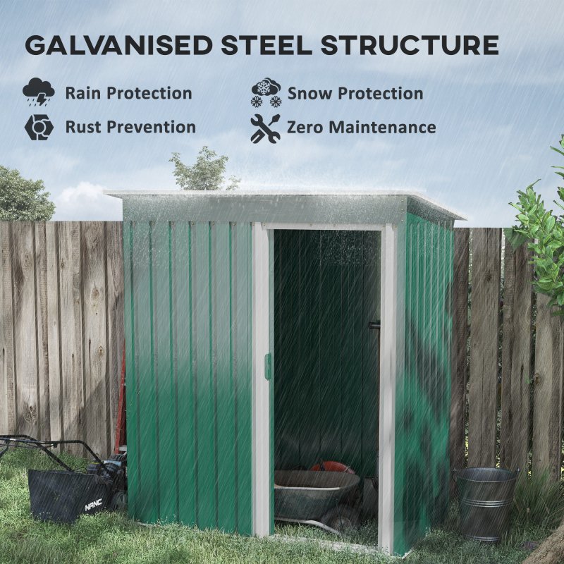 Outsunny 5 x 3ft Garden Storage Shed with Sliding Door and Sloped Roof, Lean to Outdoor Equipment Tool Shed for Garden, Green