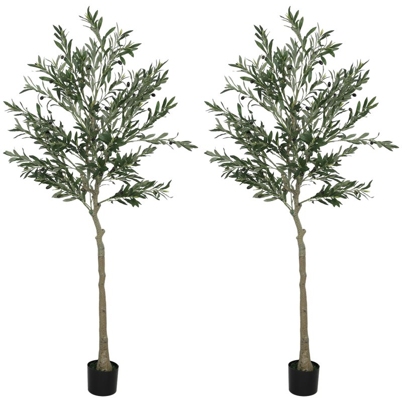 HOMCOM Set of 2 6ft/ 180cm Decorative Artificial Plant, Silk Olive Tree with 900 Leaves and 40 Olive Fruits in Pot, Fake Plant for Home, Office, Living Room, Indoor Decor