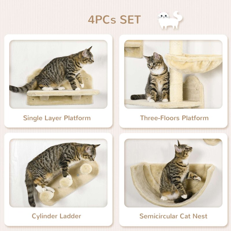 PawHut 4PCs Wall Mounted Cat Tree Cat Wall Shelves Furniture Climbing Shelf Set Kitten Activity Centre w/ Hammock, Scratching Post - Beige