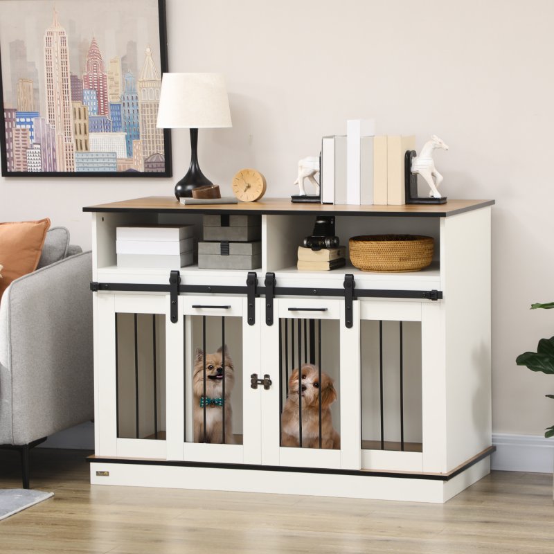 PawHut Dog Crate Furniture for Small and Large Dogs w/ Movable Divider, Dog Cage End Table with Shelves, Sliding Doors, 120 x 60 x 88.5cm, White