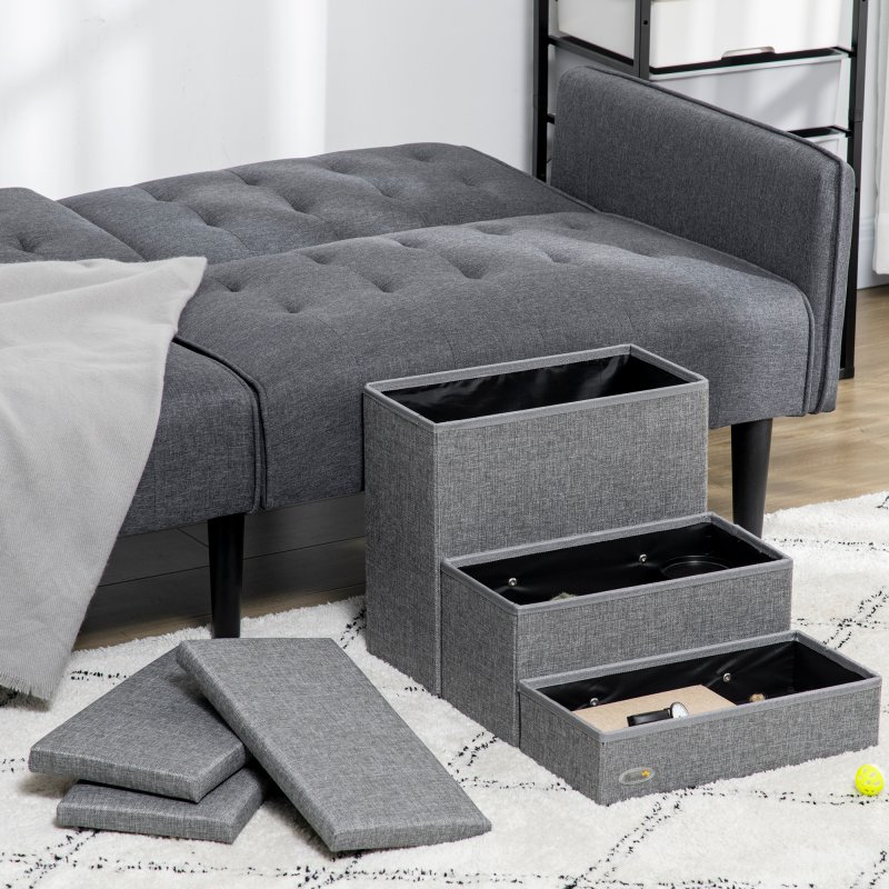 PawHut 3 Step Dog Steps with Storage Boxes, Cat Stairs for Bed, Pet Ladder for Couch, Sofa - Light Grey