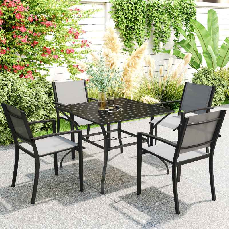 Outsunny 94 x 94 cm Garden Dining Table with Parasol Hole, Square Patio Table with Slatted Metal Plate Top, Black