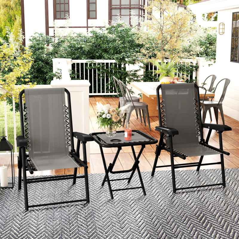 Outsunny 3 Pieces Garden Bistro Set, Folding Table and Chairs Set, Metal Garden Furniture Set with Cup Holders for Outdoor, Patio, Balcony, Dark Grey