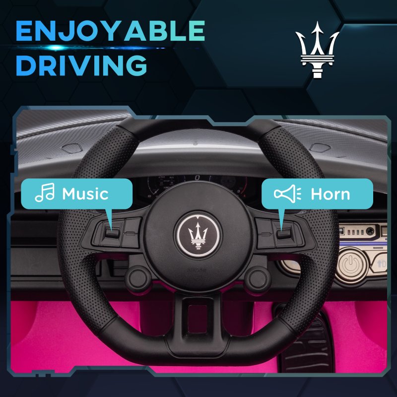 AIYAPLAY Maserati GT2 Licensed 12V Electric Car for Kids, Kids' Electric Ride on with Suspension System, Remote Control, USB, Music, Horn, Lights, Auxiliary Wheels, for Ages 3-5 Years, Pink