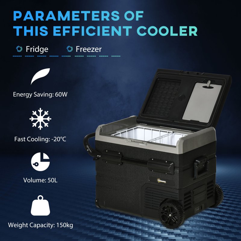 Outsunny 50L Car Refrigerator, Portable Compressor Cooler Box, Fridge Freezer w/ Inner LED Light, Foldable Handles, Cup Holders, 12/24V DC and 110-240V AC for Campervan RV Boat Travel Down to -20°C
