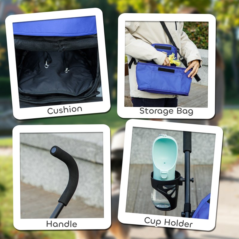 PawHut Pet stroller for Miniature Dogs, Foldable Dog Stroller with Shoulder Strap, 4 Wheels Pet Pram with Storage Bag, Cup Holder, Dark Blue