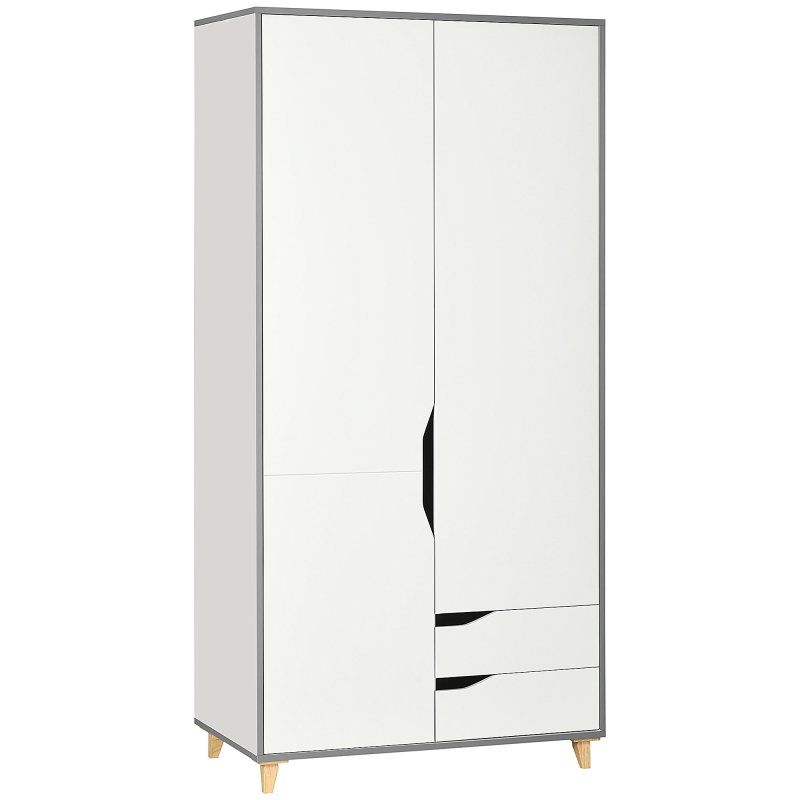 HOMCOM 2 Door Wardrobe with 2 Drawers, Storage Cupboard with Clothes Hanging Rail, Shelves and Anti-tipping Design, Modern Bedroom Furniture, White