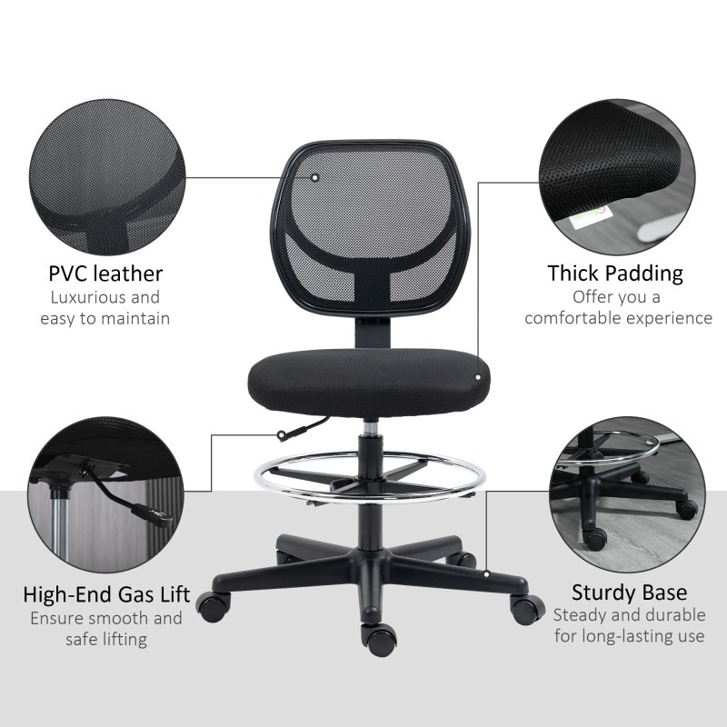 Vinsetto Drafting Chair, Standing Desk Chair, Painting Chair with Adjustable Height, Footrest Ring, Black