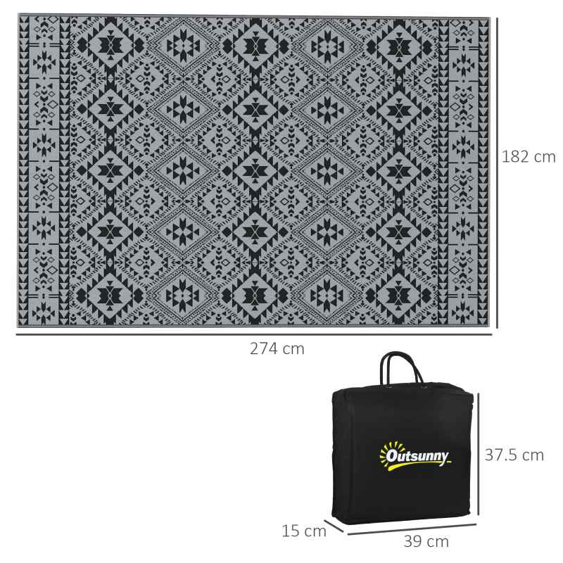 Outsunny Reversible Outdoor Rug with Carry Bag, Waterproof Plastic Straw Mat for Garden, Deck, RV, Picnic, Beach, Camping, 182 x 274cm, Black and Grey