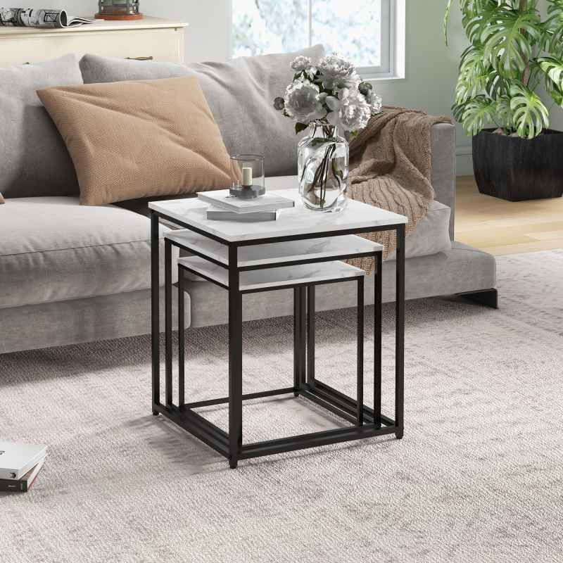 HOMCOM Nesting Tables Set of 3, Side End Table with Faux Marble Effect Top and Steel Legs for Living Room, Bedroom, White