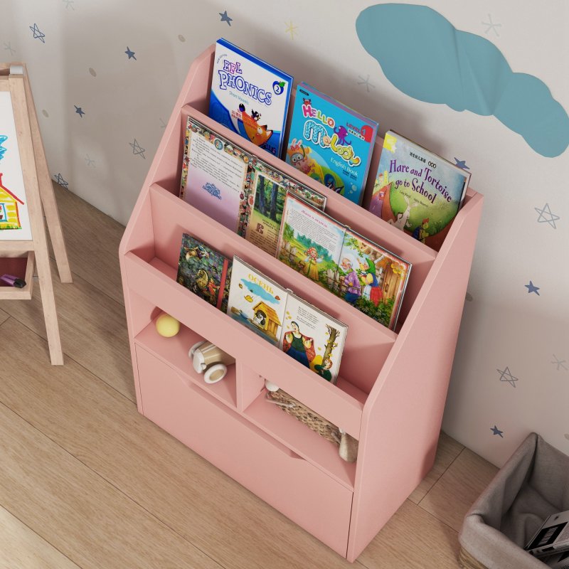 HOMCOM Kids Bookshelf with Storage Drawer, Children's Bookcase with Wheels, Toy Organiser for Bedroom, Playroom - Pink