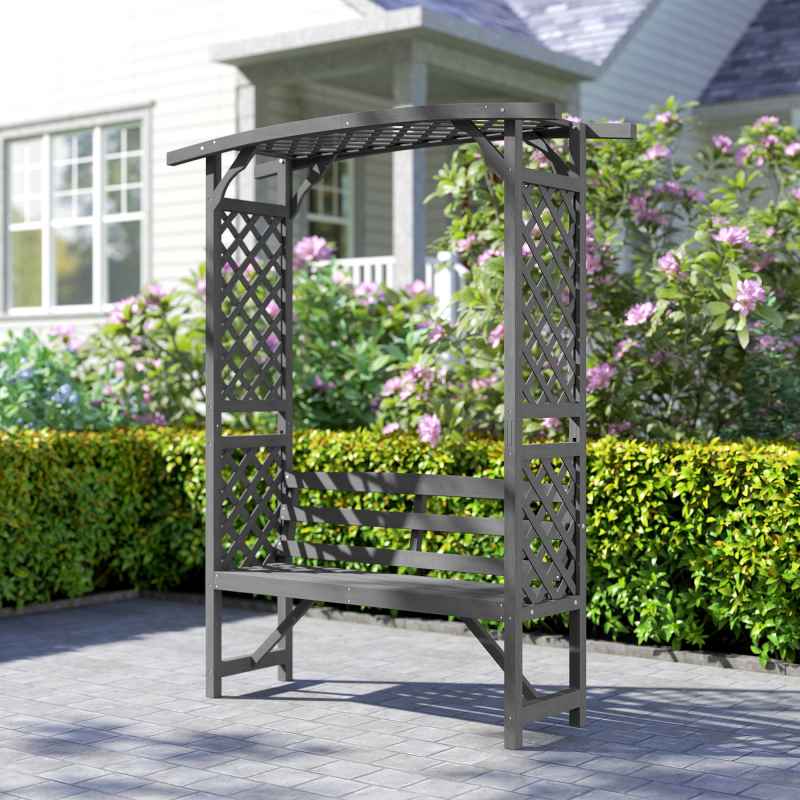 Outsunny Garden Bench, Arch Pergola with Natural Wooden Garden Arbour with Seat for Vines/Climbing Plants for Outdoor Space, Grey