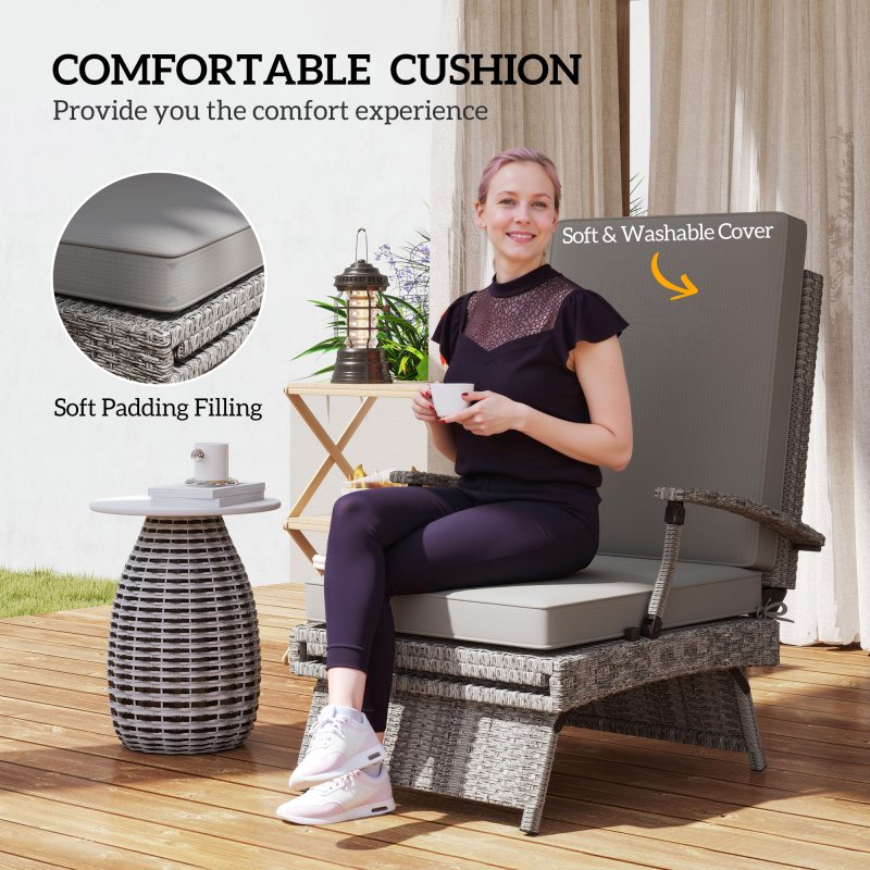 Outsunny Outdoor PE Rattan Recliner Chair with Cushion, Foldable Design Garden Recliner Chair with Retractable Footrest and Adjustable Back with 80 Degree Recline