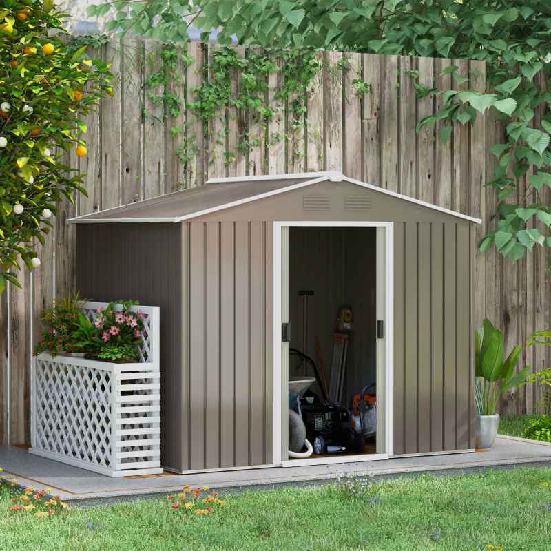 Outsunny 7.7 x 5.7ft Metal Garden Shed, Galvanised Outdoor Tool Storage House with Ventilation Slots and Sliding Doors, Light Grey