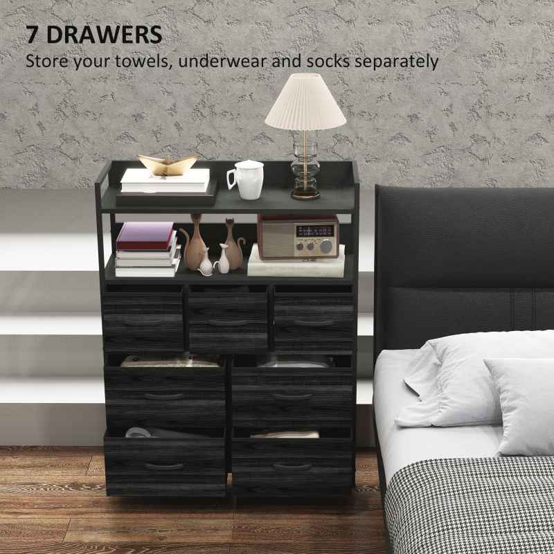 HOMCOM Bedroom Chest of Drawers, Fabric Dresser with 7 Drawers, Storage Organiser Unit with Open Shelves and Metal Frame for Living Room, Entryway