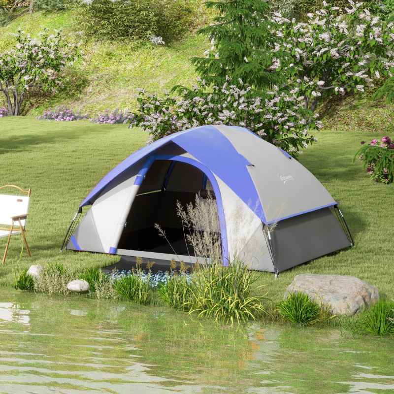 Outsunny Camping Tent, 2 Man Dome Tent, 3000mm Waterproof, with Sewn-in Groundsheet, Carry Bag and Top Hook, for Fishing Hiking Festival, Grey and Dark Blue