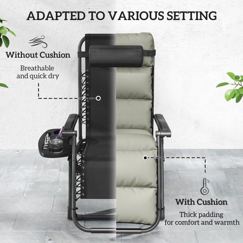 Outsunny Zero Gravity Chairs Set of 2, Folding Reclining Garden Chair, Outdoor Sun Lounger with Cushion, Garden Recliner Chairs with Headrest and Cup Phone Holder Tray for Beach, Grey