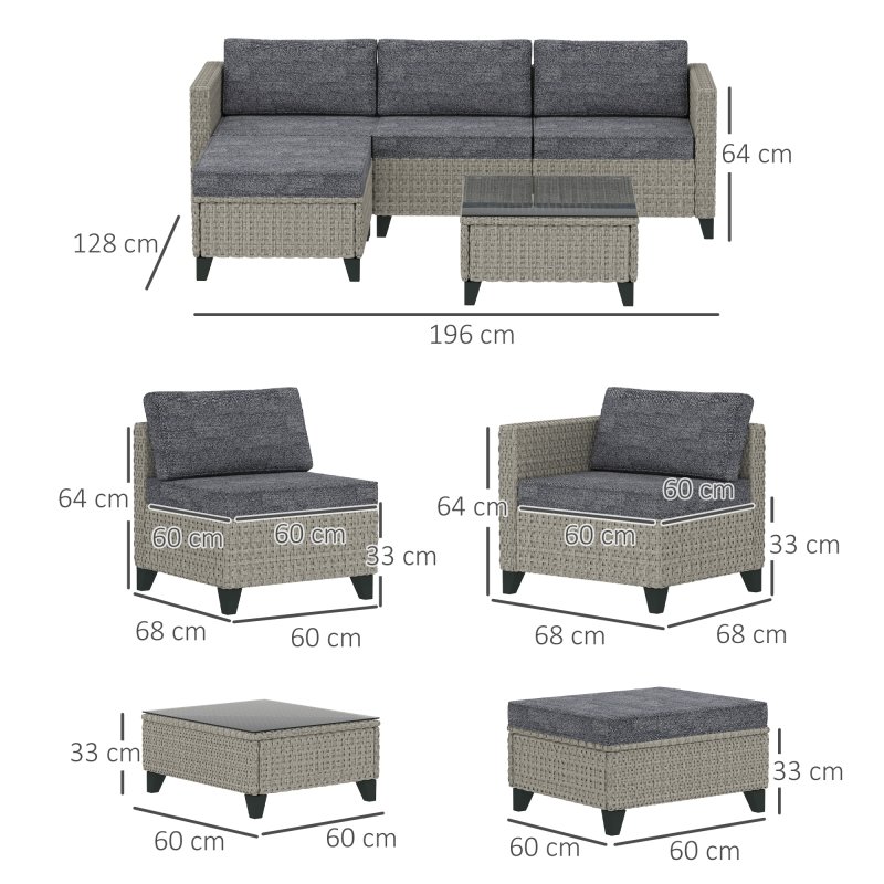 Outsunny 5 Pieces PE Rattan Garden Furniture Set, 4 Seater Garden Corner Sofa Set with Glass Coffee Table, Wicker Outdoor Furniture Set with Cushions for Patio Deck, Dark Grey