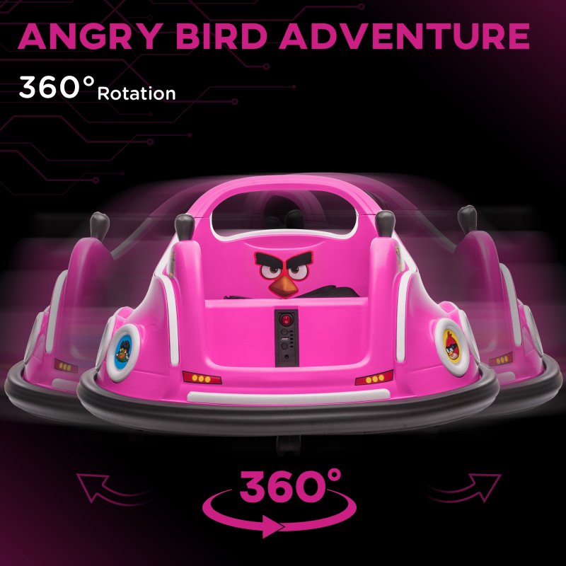AIYAPLAY Angry Bird Licensed 12V Kids Bumper Car, 360 Rotation Waltzer Car with Joysticks, Remote Control, Music USB LED Lights, for 3-5 Years Old - Pink