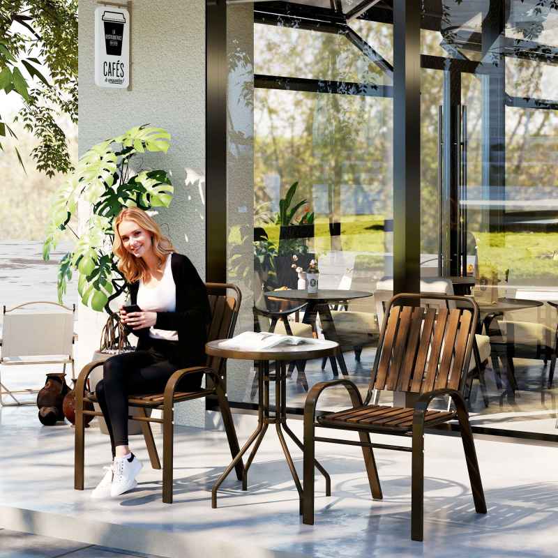Outsunny 3 Pieces Patio Bistro Set, Garden Furniture Set with Stackable Chairs, Tempered Glass Table, Rust Resistant for Outdoor, Balcony, Patio, Garden, Dark Brown