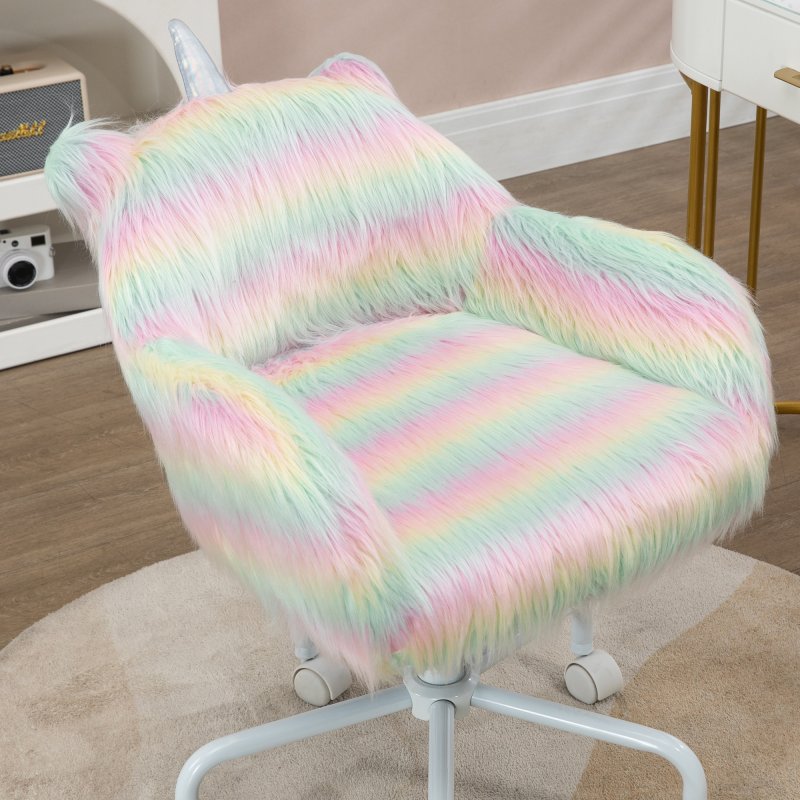 Vinsetto Fluffy Desk Chair with Arms, Faux Fur Home Office Chair, Unicorn Swivel Chair with Adjustable Height and Wheels, Colourful