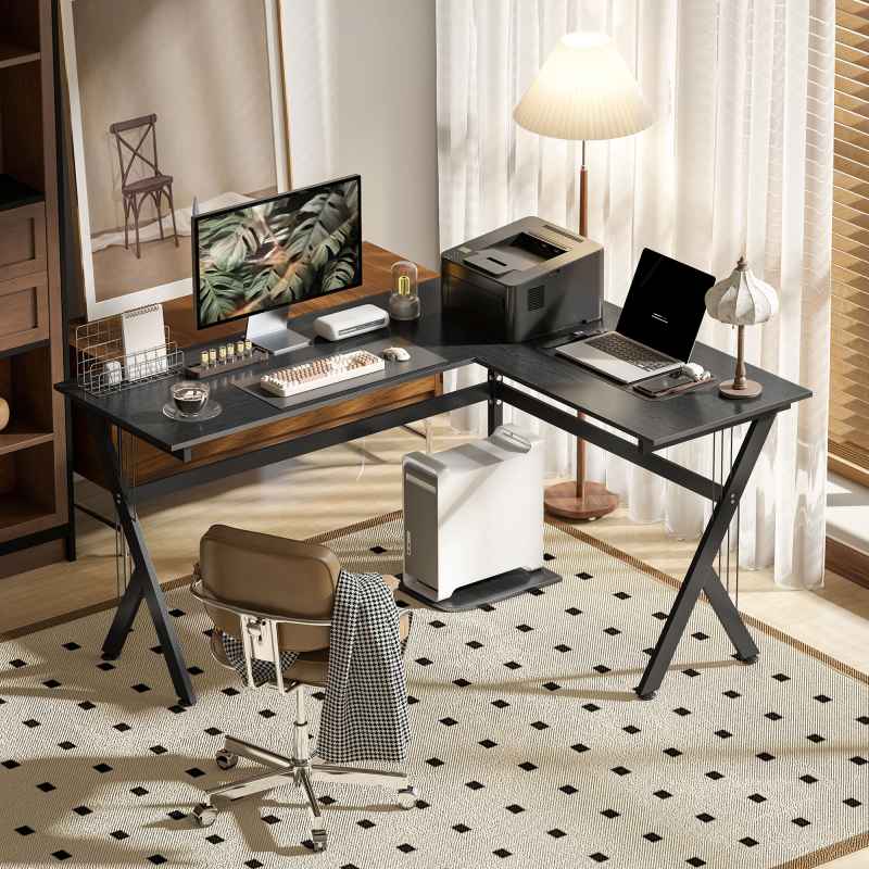 HOMCOM L Shaped Gaming Desk, 155 x 130cm Corner Computer Desk with CPU Stand for Home Office, Study Workstation, Black