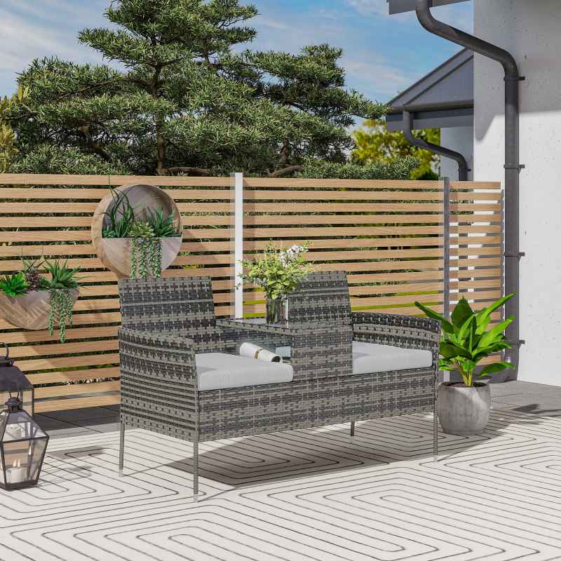 Outsunny 2 Seat Rattan Garden Bench, Patio Wicker Chair with Glass Tea Table, Outdoor Love Seat with Padded Cushions, for Garden, Porch, Charcoal Grey/Grey