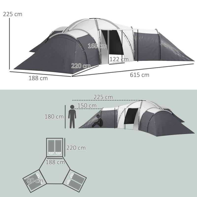 Outsunny 6-9 Man Large Tunnel Tent with 3 Bedroom, Living Area and Porch, 2000mm Waterproof Camping Tent, Portable with Bag, for Fishing Hiking Festival, Dark Grey