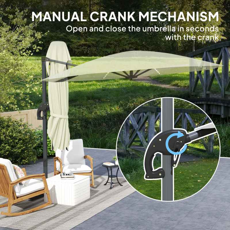 Outsunny 3(m) Cantilever Garden Parasol with Solar Powered Lights, Fibreglass Ribs, Crank Handle & Cross Base, UPF 50+, 360 Rotation, Overhanging Patio Umbrella for Patio Market, Cream