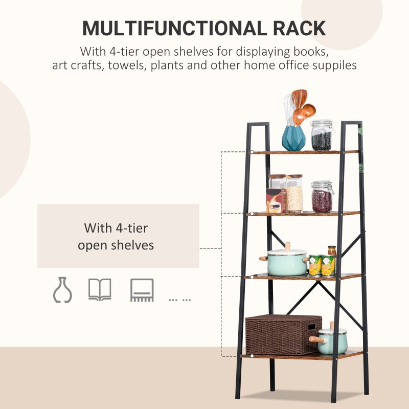 HOMCOM Ladder Shelf, Bookshelf, 4-Tier Industrial Storage Rack for Living Room, Bedroom, Kitchen