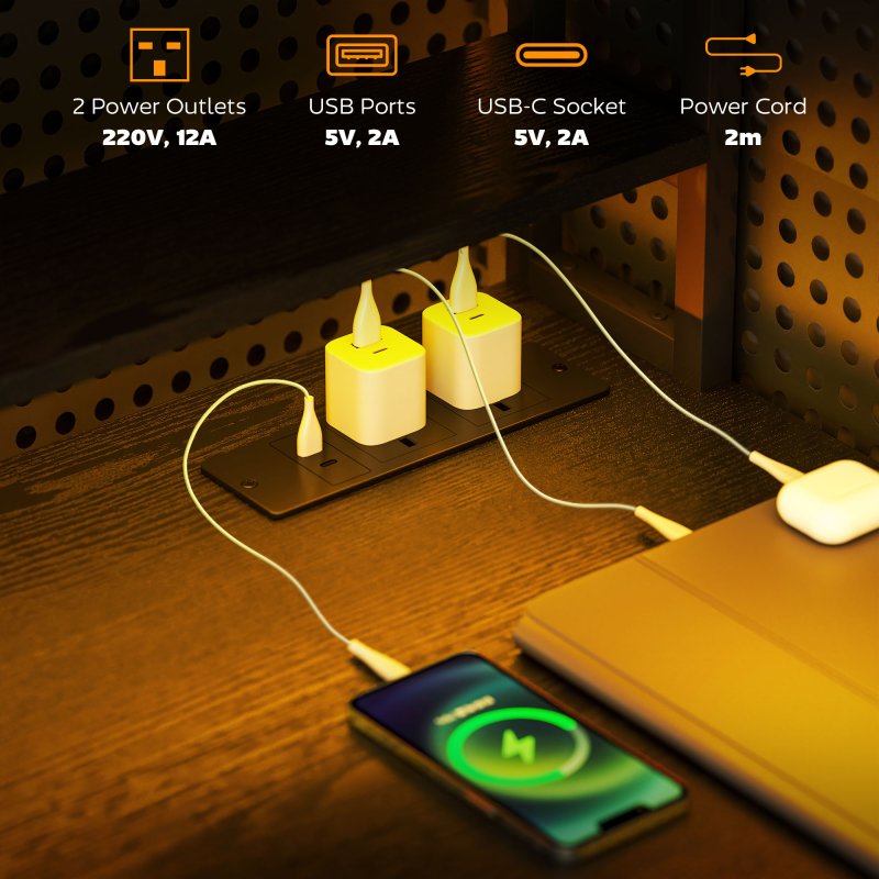 HOMCOM Computer Desk with Power Outlets and LED Lights, Home Office Desk with Monitor Stand, 2 CPU Stands and Storage Shelves, Study Table Gaming Desk with Hutch, Black